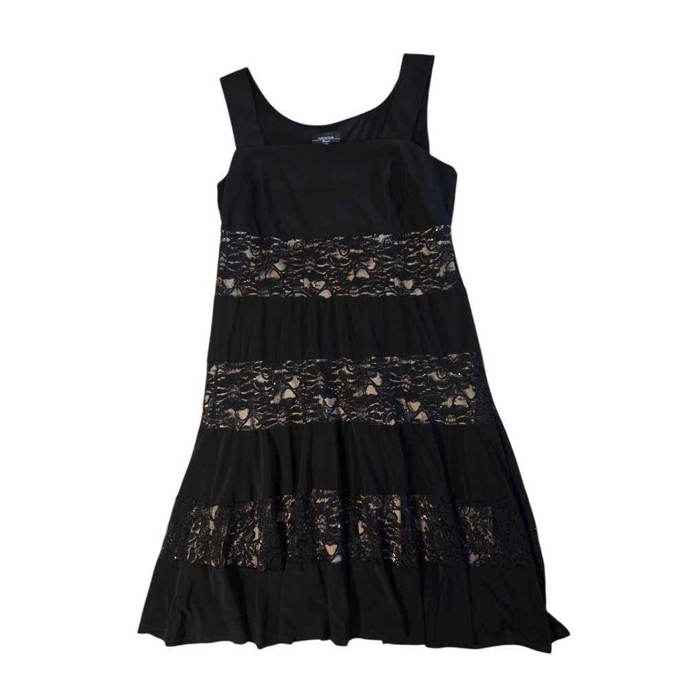 Black Sleeveless Tiered Lace Sequin Midi Dress R&M Richards‎ Woman 18W